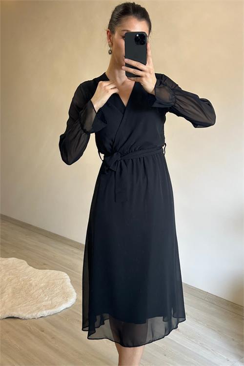 Dipmoda kadın midi boy kruvaze yaka kuşaklı şifon elbise NM013