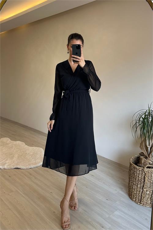 Dipmoda kadın midi boy kruvaze yaka kuşaklı şifon elbise NM013