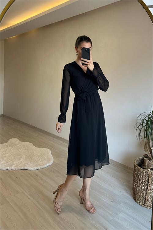 Dipmoda kadın midi boy kruvaze yaka kuşaklı şifon elbise NM013