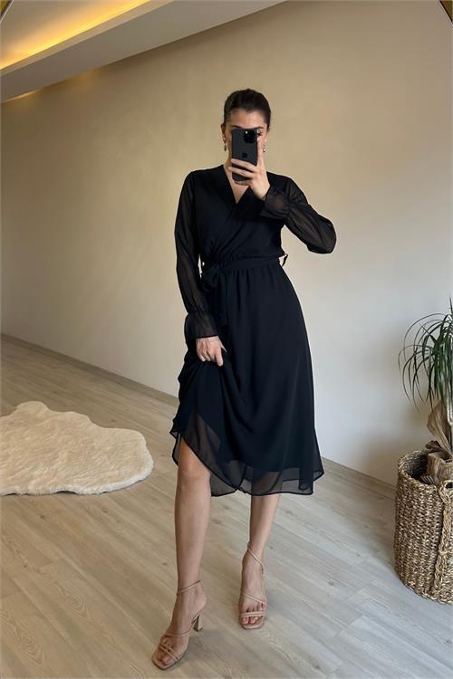 Dipmoda kadın midi boy kruvaze yaka kuşaklı şifon elbise NM013