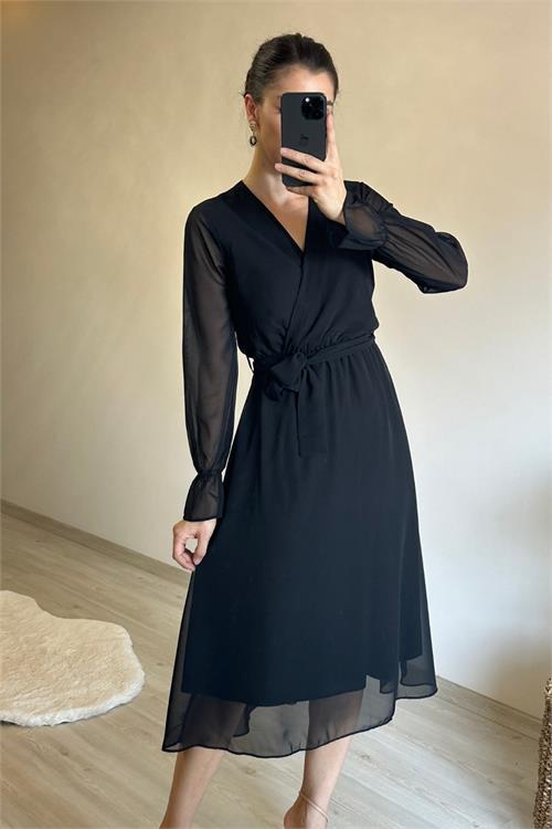 Dipmoda kadın midi boy kruvaze yaka kuşaklı şifon elbise NM013