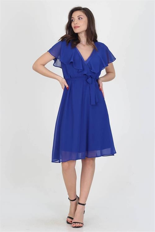 Dipmoda kadın midi boy yeni sezon kruvaze yaka melek kol şifon elbise RY8081 