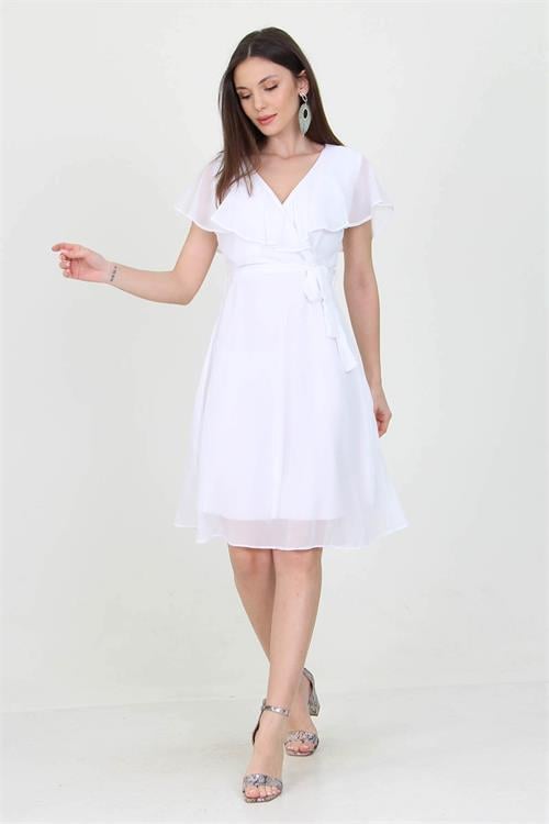 Dipmoda kadın midi boy yeni sezon kruvaze yaka melek kol şifon elbise RY8081 