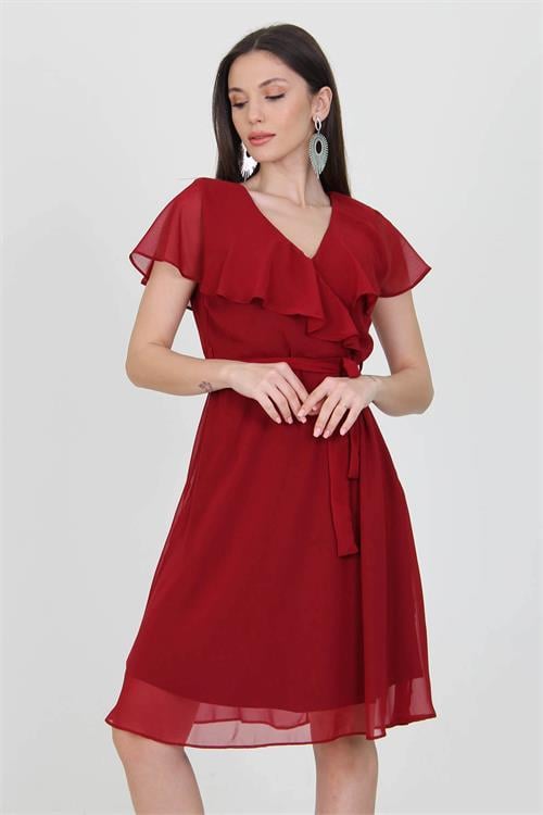 Dipmoda kadın midi boy yeni sezon kruvaze yaka melek kol şifon elbise RY8081 