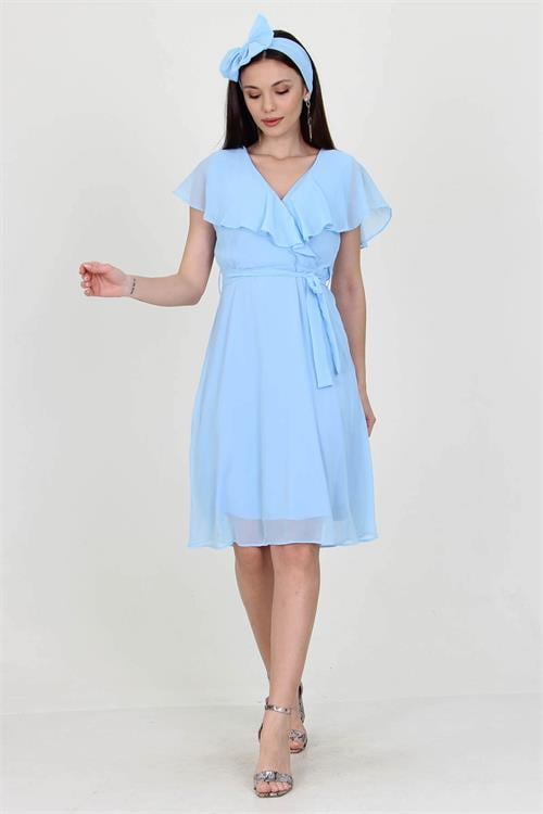 Dipmoda kadın midi boy yeni sezon kruvaze yaka melek kol şifon elbise RY8081 