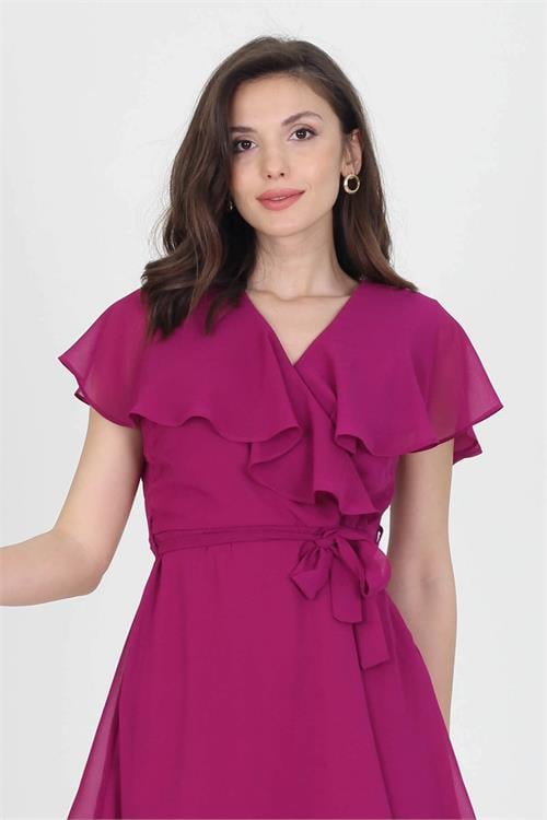 Dipmoda kadın midi boy yeni sezon kruvaze yaka melek kol şifon elbise RY8081 