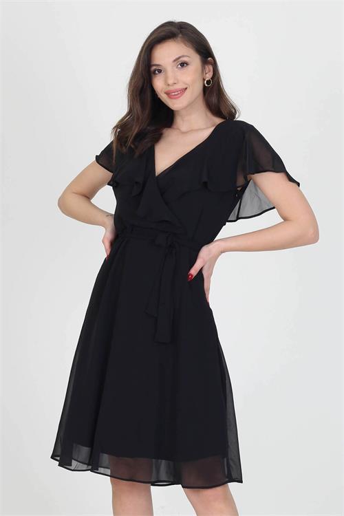 Dipmoda kadın midi boy yeni sezon kruvaze yaka melek kol şifon elbise RY8081 