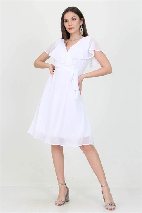 Dipmoda kadın midi boy yeni sezon kruvaze yaka melek kol şifon elbise RY8081 