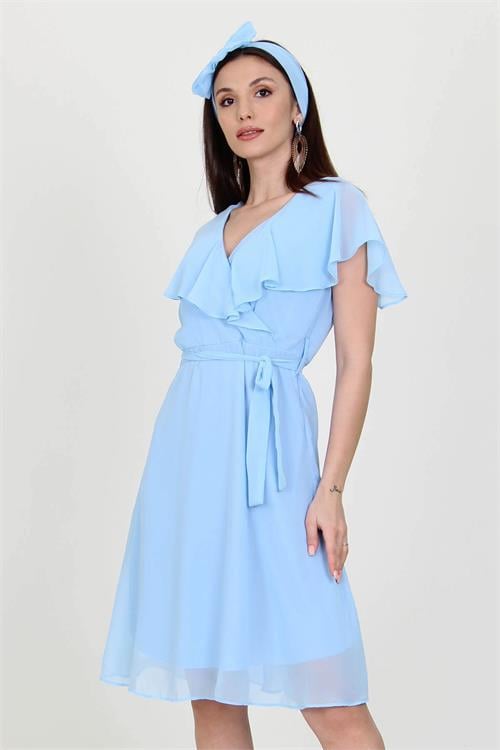 Dipmoda kadın midi boy yeni sezon kruvaze yaka melek kol şifon elbise RY8081 