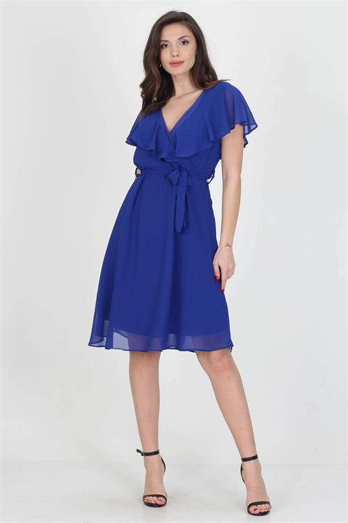 Dipmoda kadın midi boy yeni sezon kruvaze yaka melek kol şifon elbise RY8081 