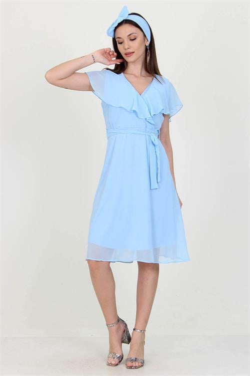 Dipmoda kadın midi boy yeni sezon kruvaze yaka melek kol şifon elbise RY8081 