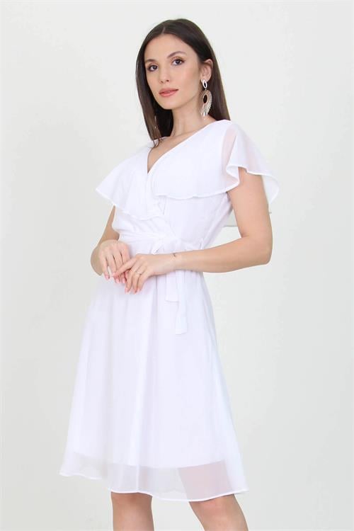 Dipmoda kadın midi boy yeni sezon kruvaze yaka melek kol şifon elbise RY8081 