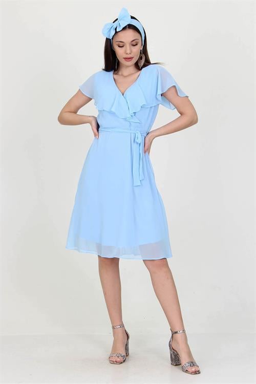 Dipmoda kadın midi boy yeni sezon kruvaze yaka melek kol şifon elbise RY8081 