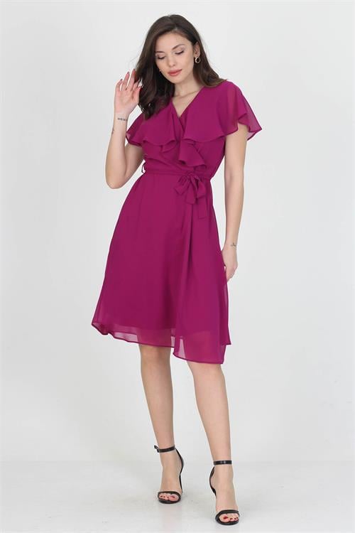 Dipmoda kadın midi boy yeni sezon kruvaze yaka melek kol şifon elbise RY8081 