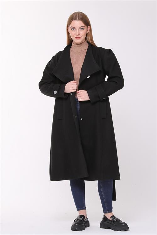 Dipmoda kadın midi oversize yün kaşe kaban NBPLTN03 - Siyah 