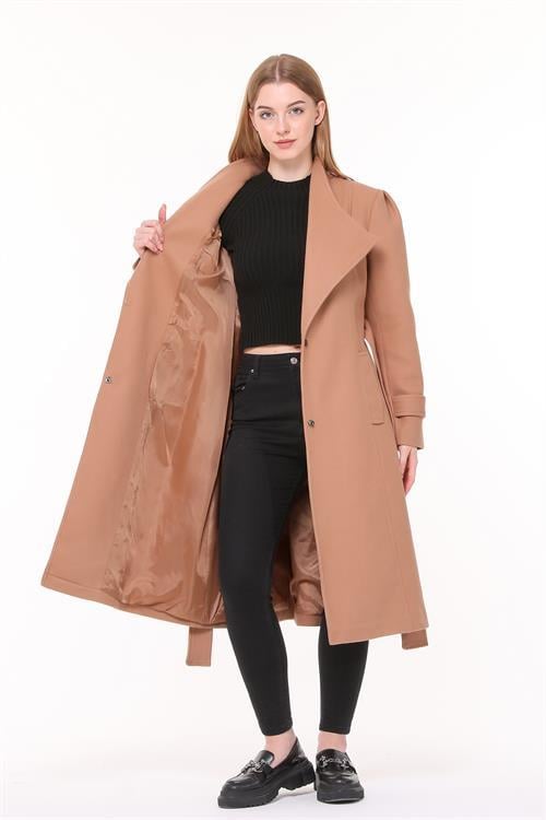 Dipmoda kadın midi oversize yün kaşe kaban DPNBPLTN03 - Camel