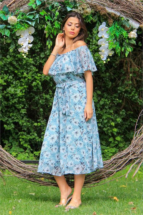 Dipmoda kadın mint carmen yaka çiçekli midi boy şifon elbise NB10037 