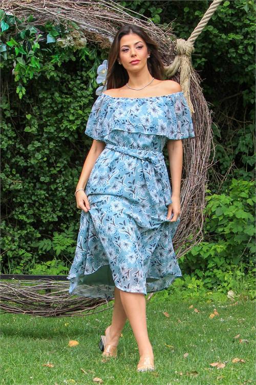 Dipmoda kadın mint carmen yaka çiçekli midi boy şifon elbise NB10037 