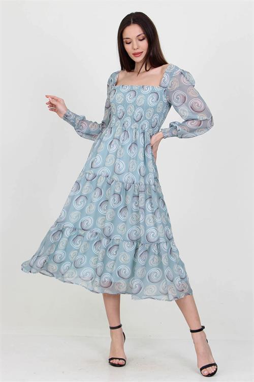 Dipmoda kadın mint gipeli kare yaka desenli şifon elbise NB100361 