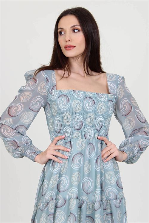 Dipmoda kadın mint gipeli kare yaka desenli şifon elbise NB100361 