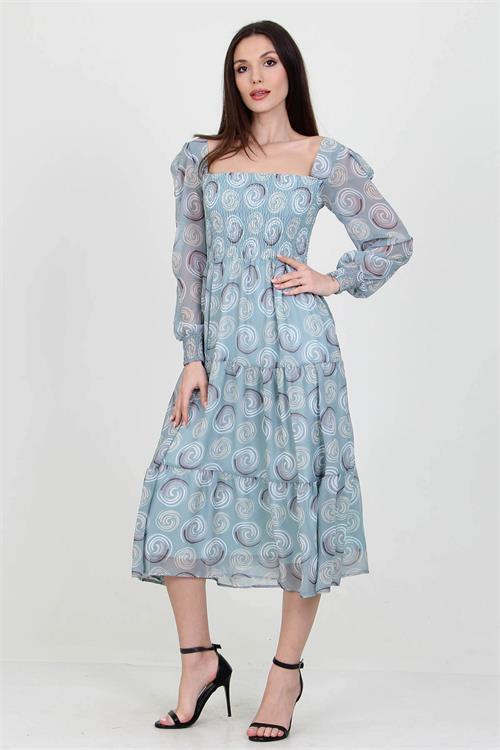 Dipmoda kadın mint gipeli kare yaka desenli şifon elbise NB100361 