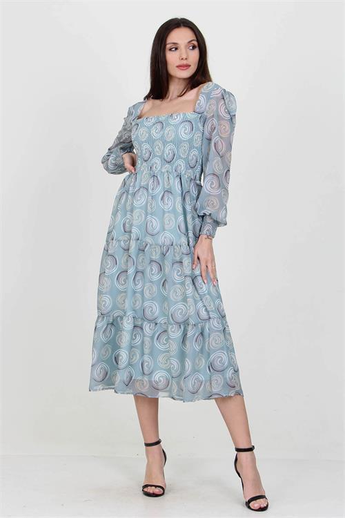 Dipmoda kadın mint gipeli kare yaka desenli şifon elbise NB100361 