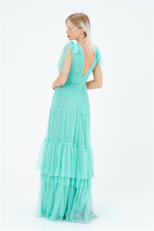 Dipmoda kadın mint korsajlı V yaka tül abiye elbise NBS9271 