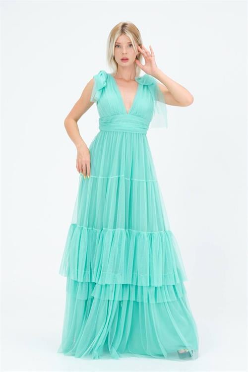 Dipmoda kadın mint korsajlı V yaka tül abiye elbise NBS9271 