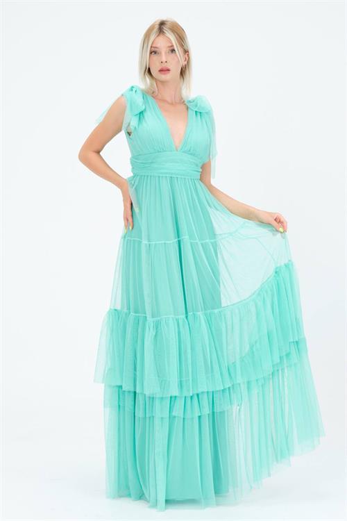 Dipmoda kadın mint korsajlı V yaka tül abiye elbise NBS9271 
