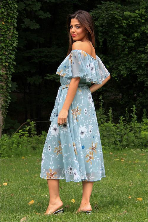 Dipmoda kadın mint yeşili kuşaklı çiçekli yazlık şifon elbise NB100371 