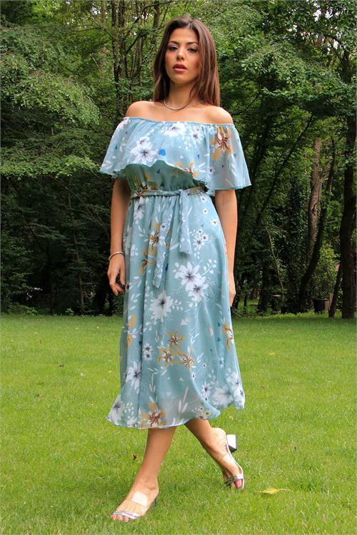 Dipmoda kadın mint yeşili kuşaklı çiçekli yazlık şifon elbise NB100371 