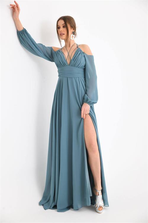 Dipmoda kadın mint yırtmaç detaylı şifon abiye elbise NBSWLL13 