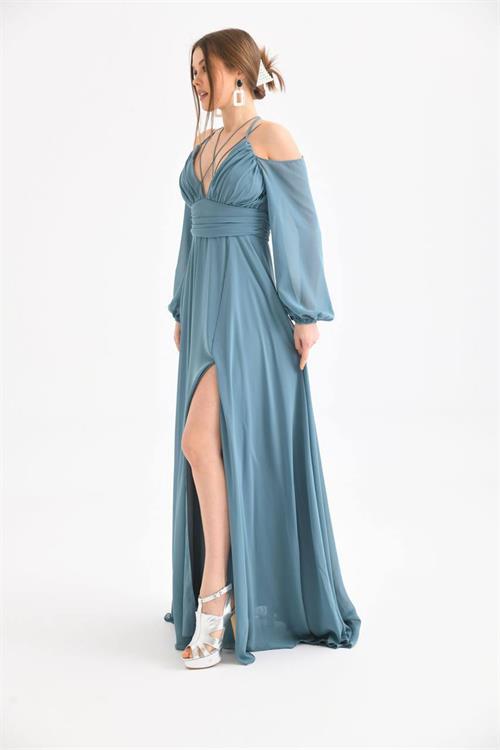 Dipmoda kadın mint yırtmaç detaylı şifon abiye elbise NBSWLL13 