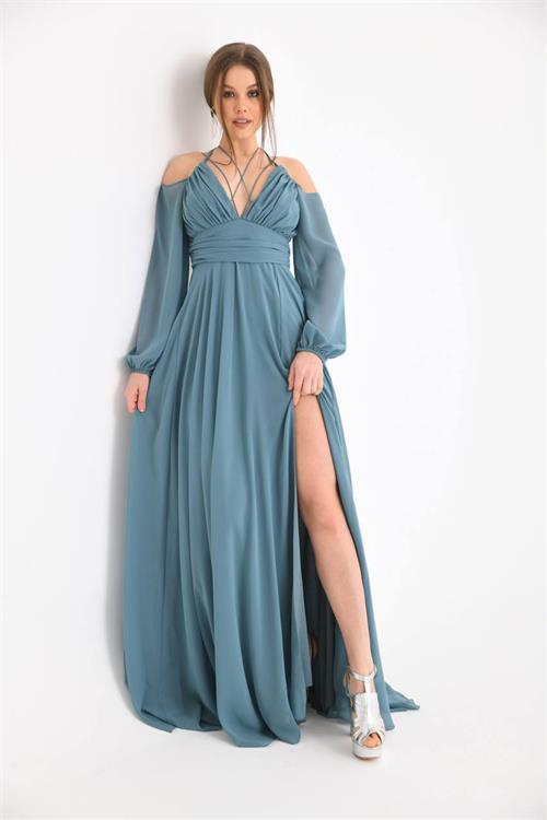 Dipmoda kadın mint yırtmaç detaylı şifon abiye elbise NBSWLL13 