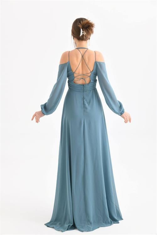 Dipmoda kadın mint yırtmaç detaylı şifon abiye elbise NBSWLL13 