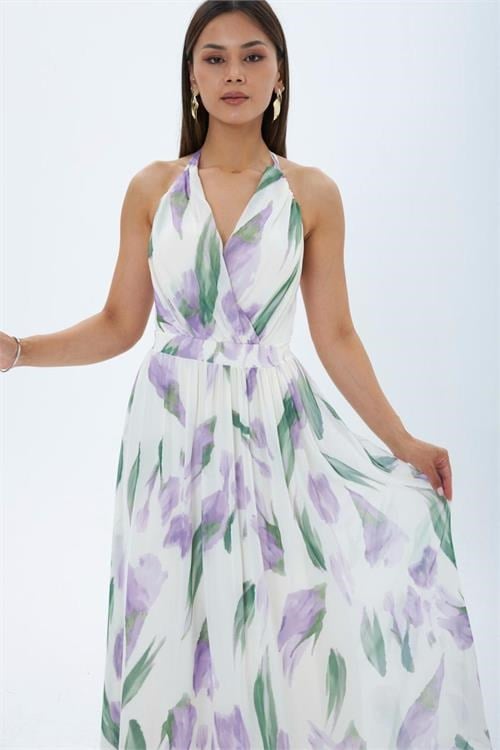 Dipmoda kadın mor yaprak desen halter yaka maxi boy elbise DPMY4122