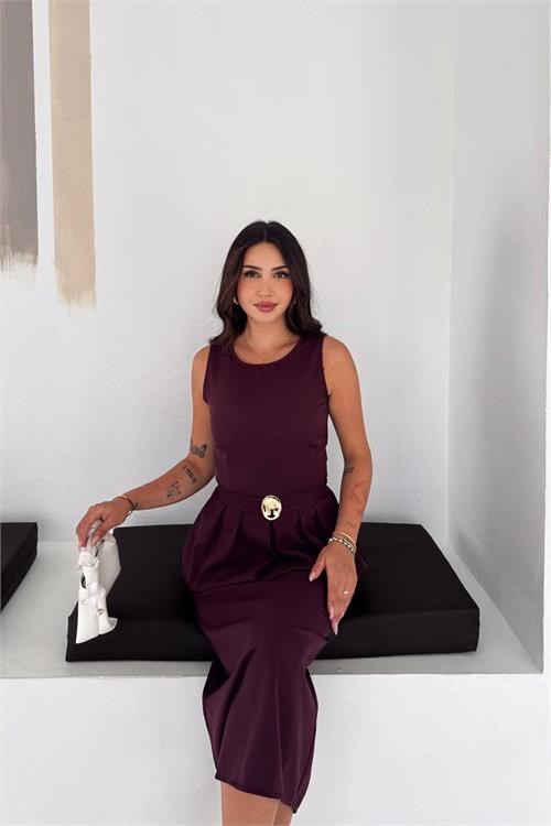 Dipmoda kadın mürdüm kolsuz peplum kesim midi boy kemer tokalı elbise DPK4640