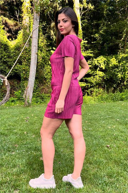 Dipmoda kadın mürdüm piliseli alt üst şortlu takım NB10047 