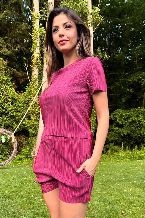 Dipmoda kadın mürdüm piliseli alt üst şortlu takım NB10047 