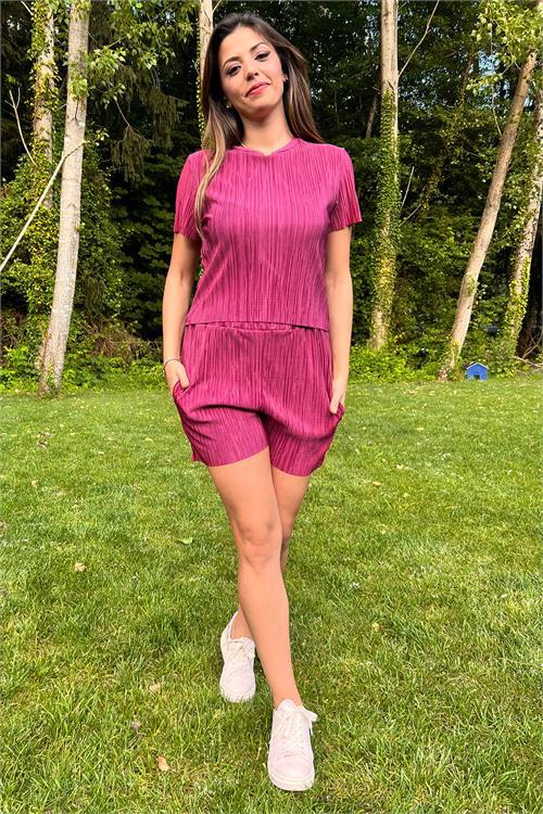 Dipmoda kadın mürdüm piliseli alt üst şortlu takım NB10047 