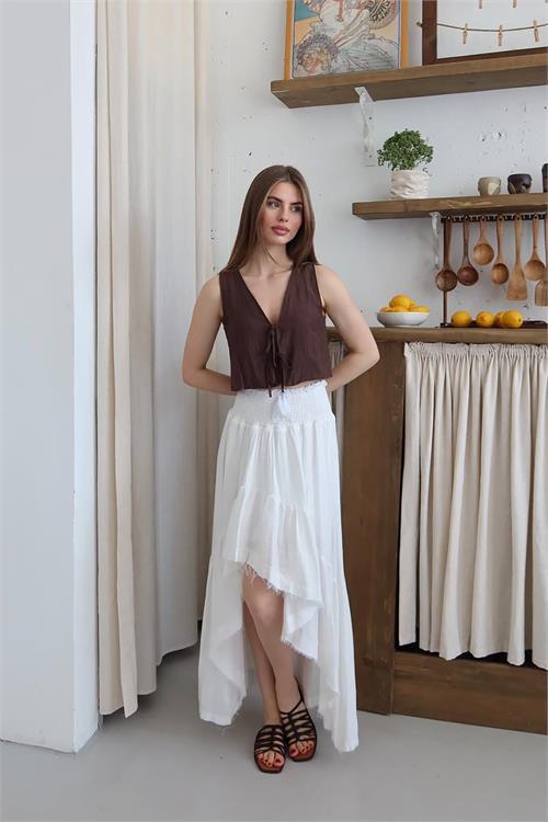 Dipmoda kadın müslin kumaş asimetrik etek DPNP011