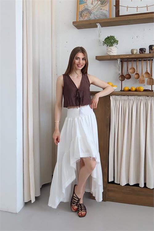 Dipmoda kadın müslin kumaş asimetrik etek DPNP011
