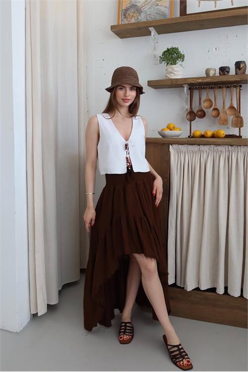 Dipmoda kadın müslin kumaş asimetrik etek DPNP011