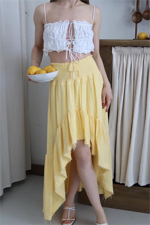 Dipmoda kadın müslin kumaş asimetrik etek DPNP011