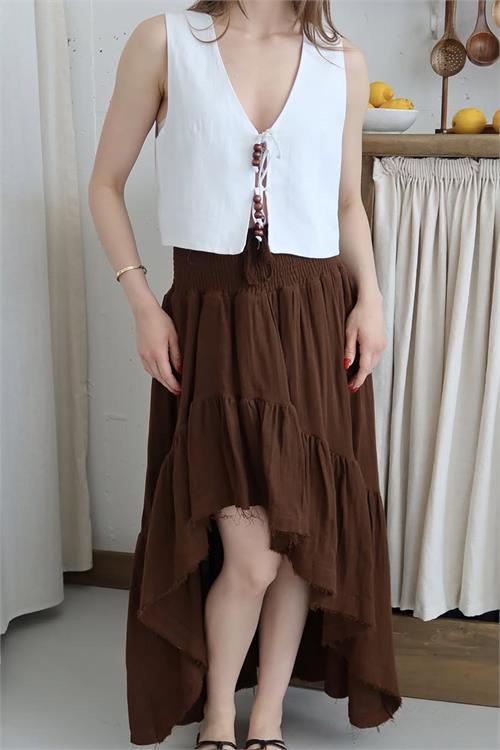 Dipmoda kadın müslin kumaş asimetrik etek DPNP011