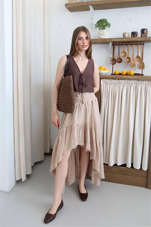 Dipmoda kadın müslin kumaş asimetrik etek DPNP011