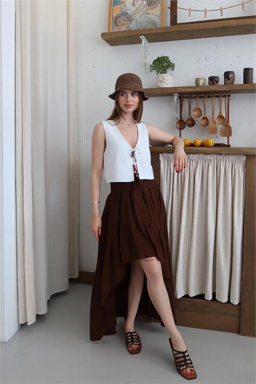 Dipmoda kadın müslin kumaş asimetrik etek DPNP011