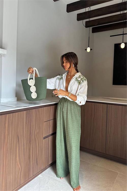 Dipmoda kadın nakış detaylı gömlek pantolon ikili keten takım DPNBEMP2514