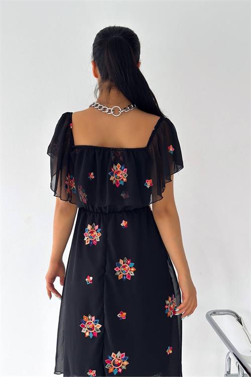 Dipmoda kadın nakışlı carmen yaka şifon elbise KKLF12 - Siyah 