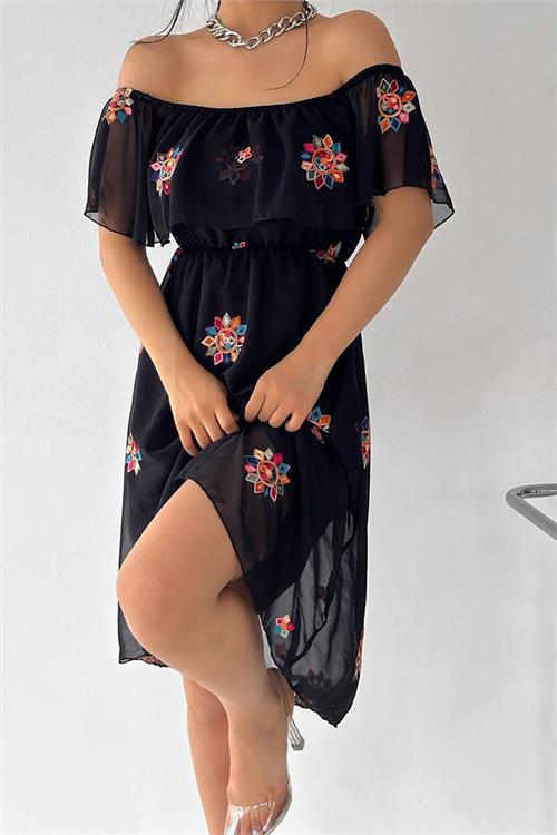 Dipmoda kadın nakışlı carmen yaka şifon elbise KKLF12 - Siyah 